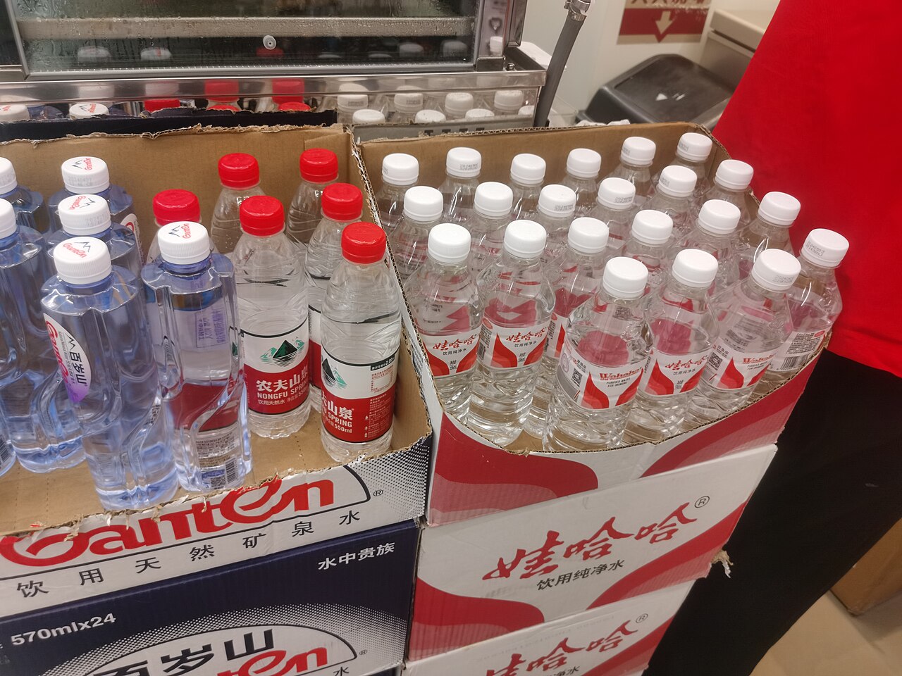 Bottles of water on sale in a Chinese convenience store